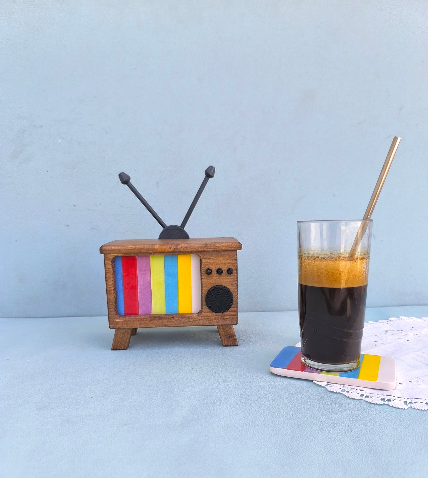 Old TV with Ceramic Colorful Coasters, Coasters Set of 4 With Wooden Holder, Retro Home Decor