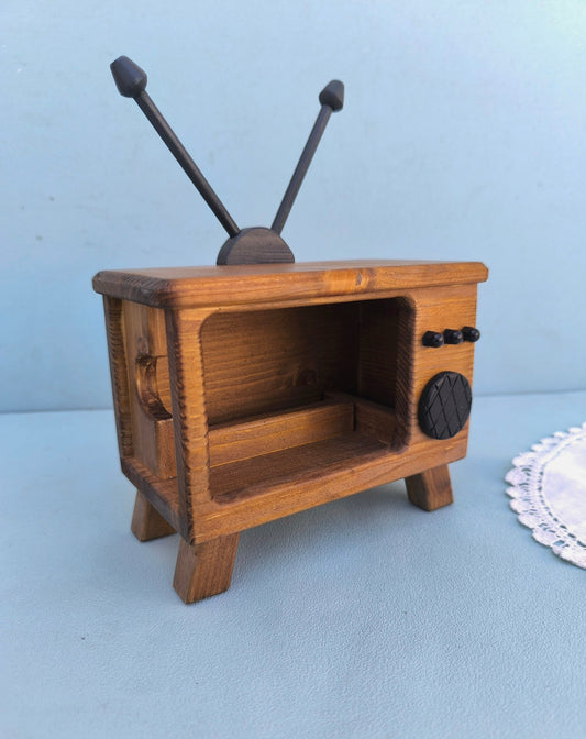Old TV with Ceramic Colorful Coasters, Coasters Set of 4 With Wooden Holder, Retro Home Decor