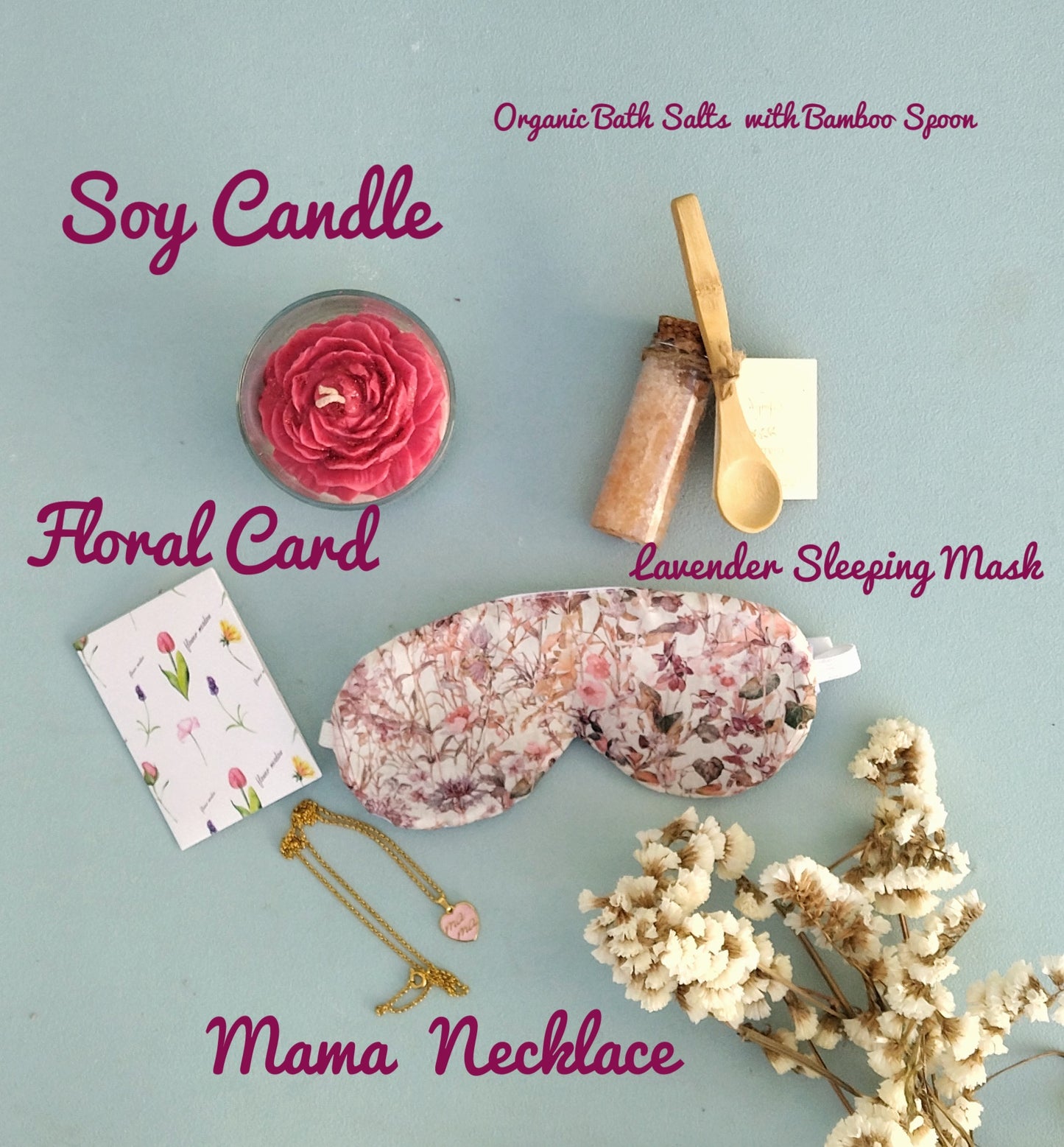 Mother's Day Spa Gift Box, Self Care Kit Gift From Daughter, Soy Candle / Eye Sleep Mask / Bath Salts And Mom Charm Necklace