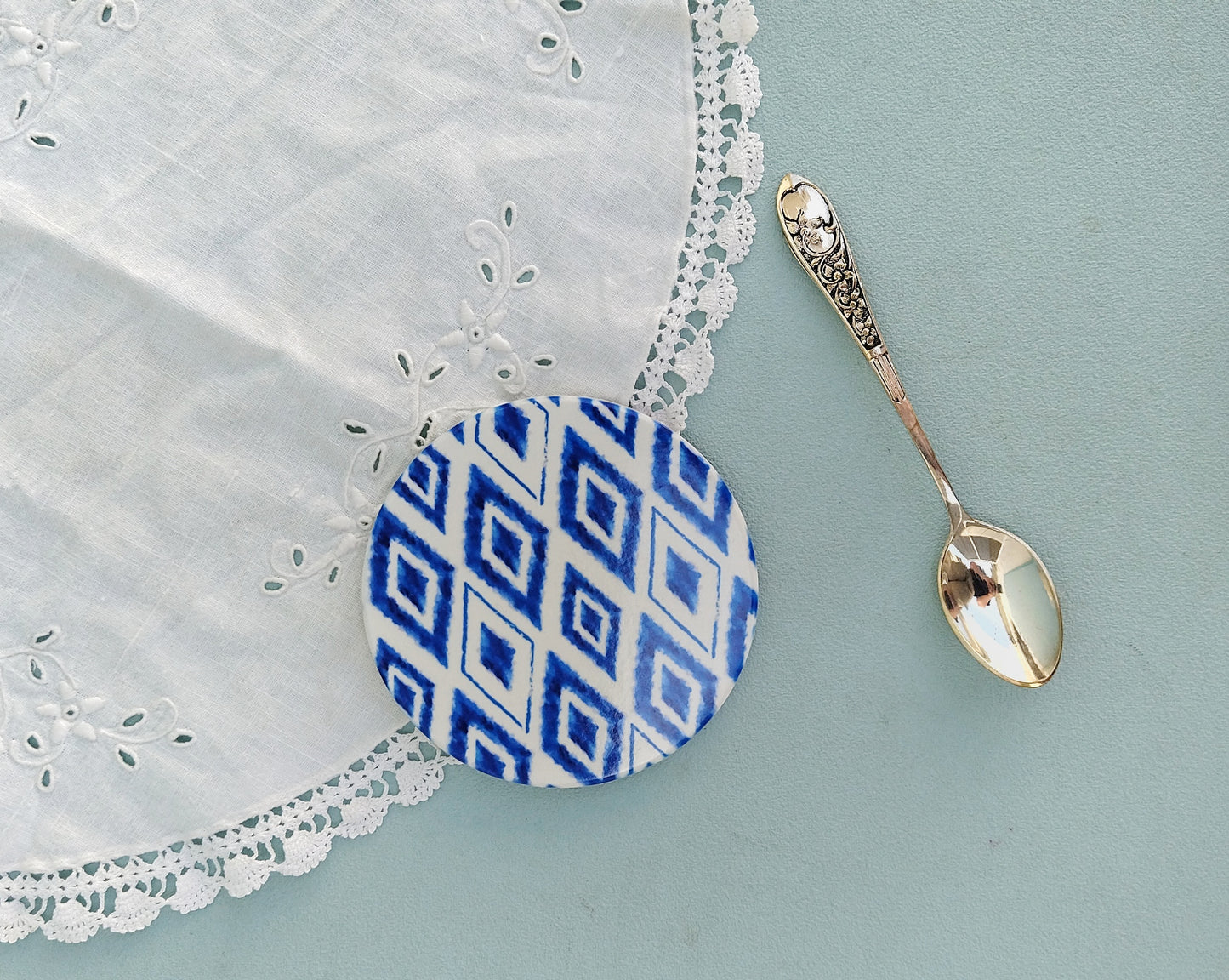 Ceramic Blue And White Drink Coasters, Moroccan Tiles Inspired Round Coasters, Set Of 2, 4 Or 6