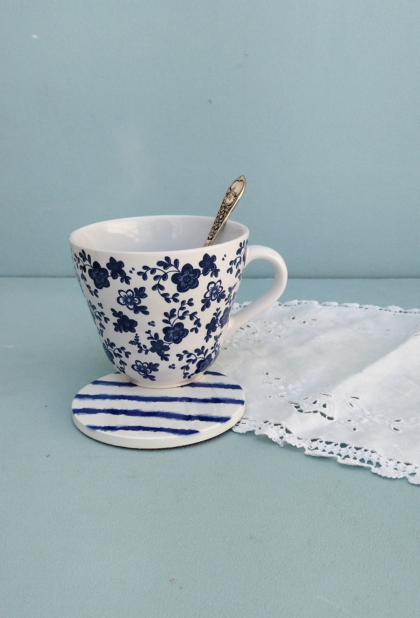 Ceramic Blue And White Drink Coasters, Moroccan Tiles Inspired Round Coasters, Set Of 2, 4 Or 6