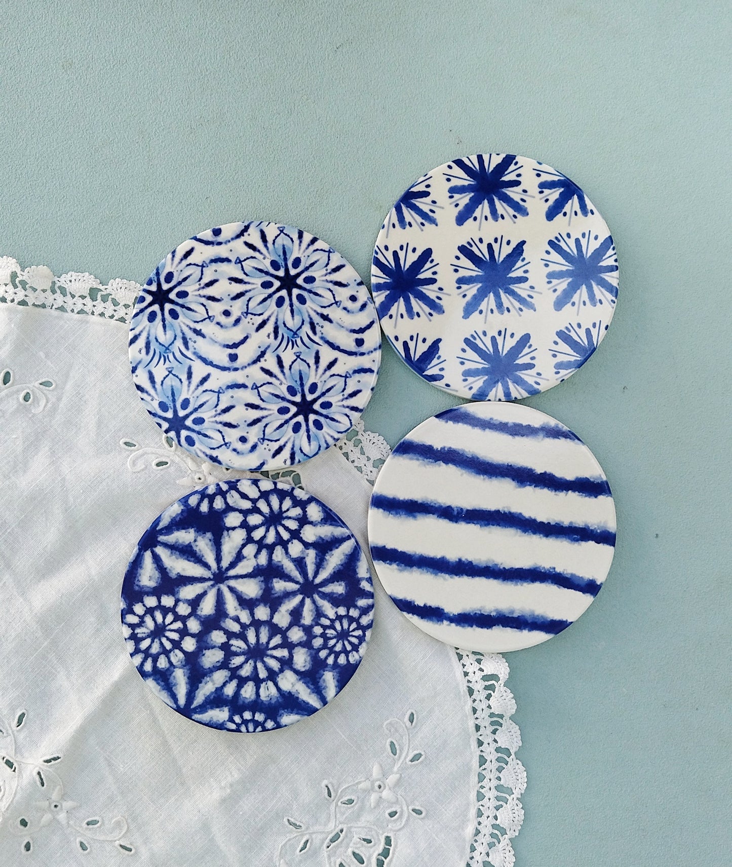 Ceramic Blue And White Drink Coasters, Moroccan Tiles Inspired Round Coasters, Set Of 2, 4 Or 6