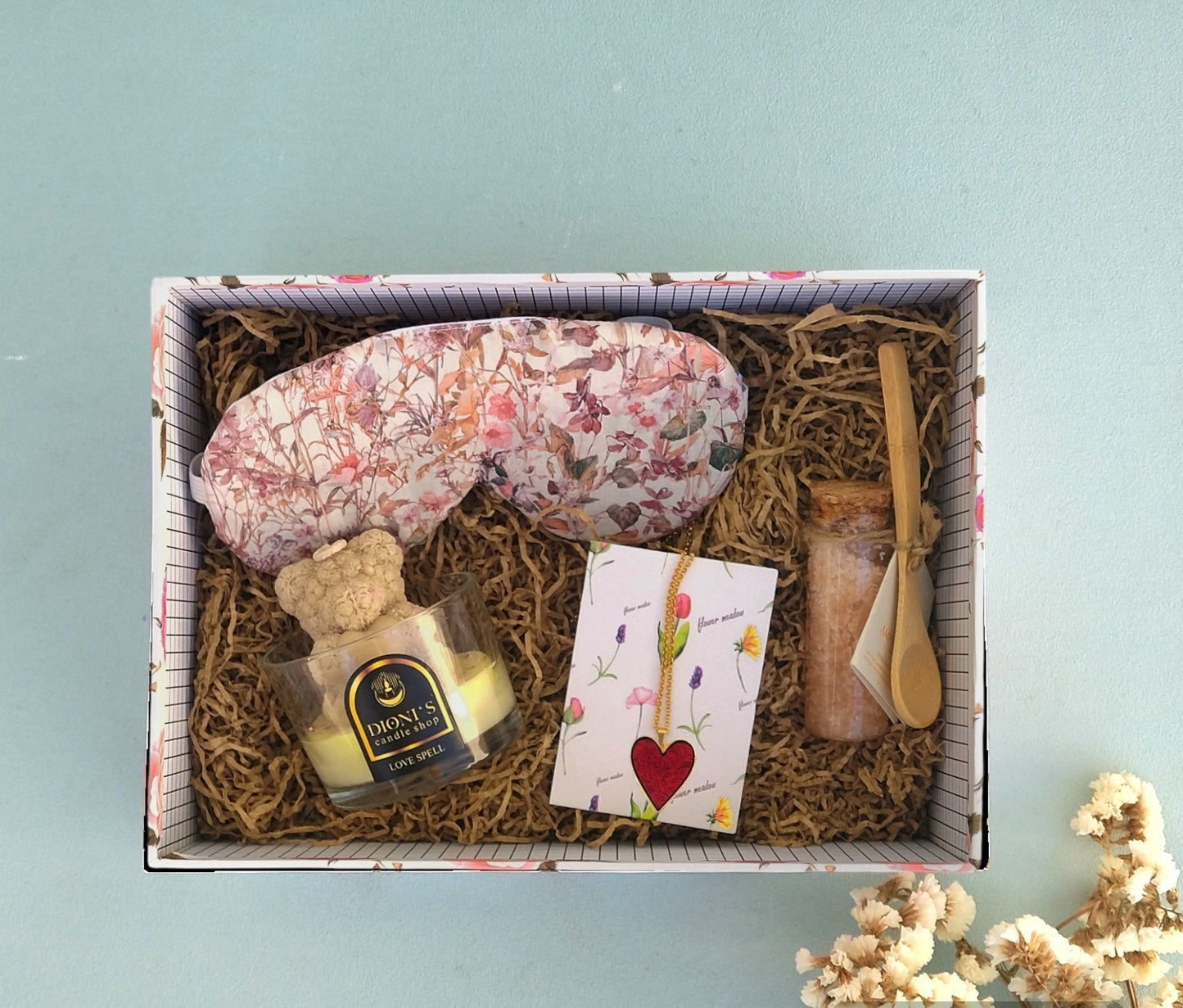Spa Gift Box, Self Care Kit For Best Friend, Soy Candle / Eye Sleep Mask / Bath Salts And Mom Charm Necklace