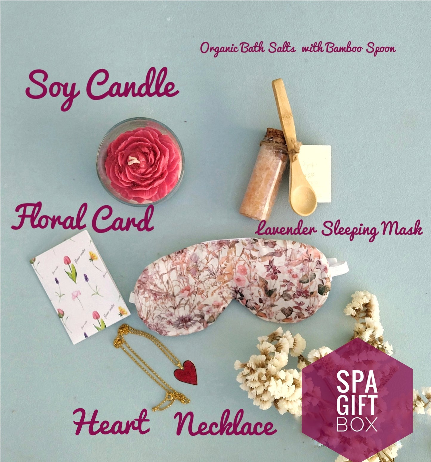 Spa Gift Box, Self Care Kit For Best Friend, Soy Candle / Eye Sleep Mask / Bath Salts And Mom Charm Necklace