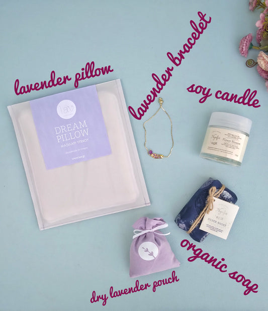 Lavender Gift Set with Lavender Pillow, Soy Wax Candle, Organic Soap Bar, Dry LAvender Pouch and Thin Adjustable Bracelet