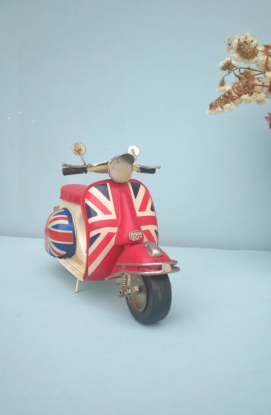 Vintage Metal Scooter With English Flag, Retro Collectible Motorcycle