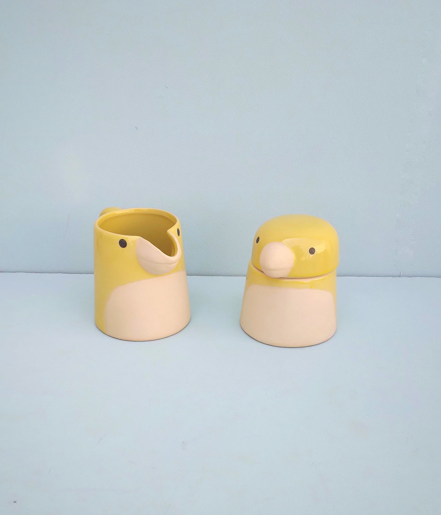 Bird Ceramic Creamer Set, Handmade Ceramic Milk Jug And Sugar Bowl, Silly Bird Breakfast Set