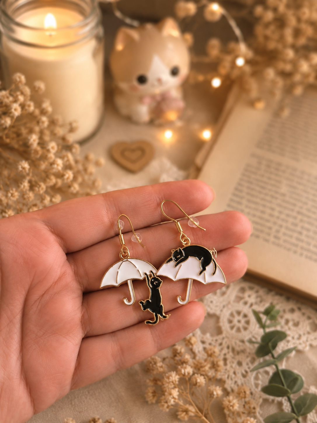 Funny Umbrella Cat Earrings, Cute Black Cat Enamel Earrings