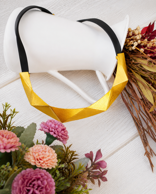 Geometric Gold Plated Brass Statement Necklace, Handmade Rubber Collar Necklace, Architectural Jewelry