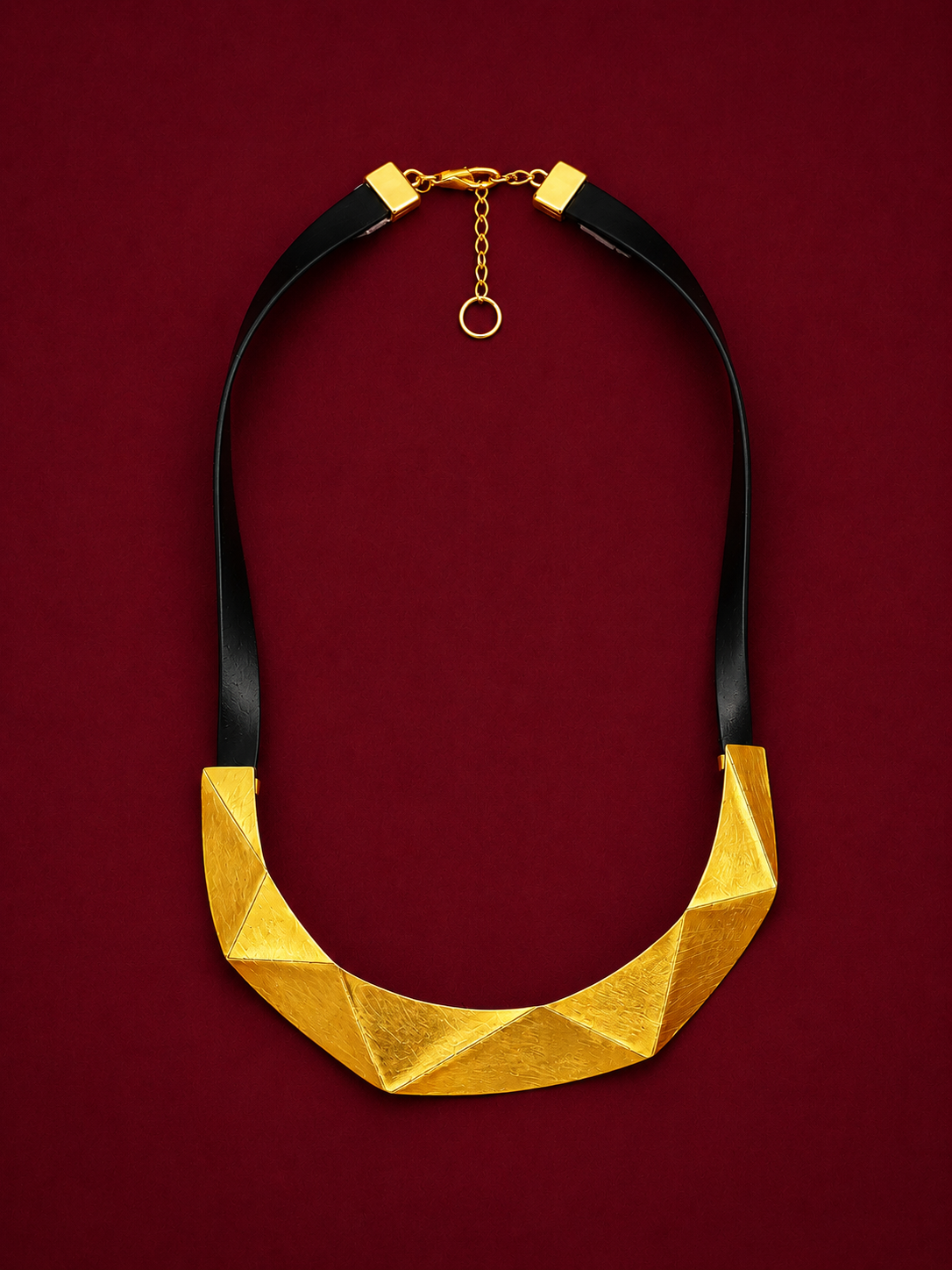 Geometric Gold Plated Brass Statement Necklace, Handmade Rubber Collar Necklace, Architectural Jewelry
