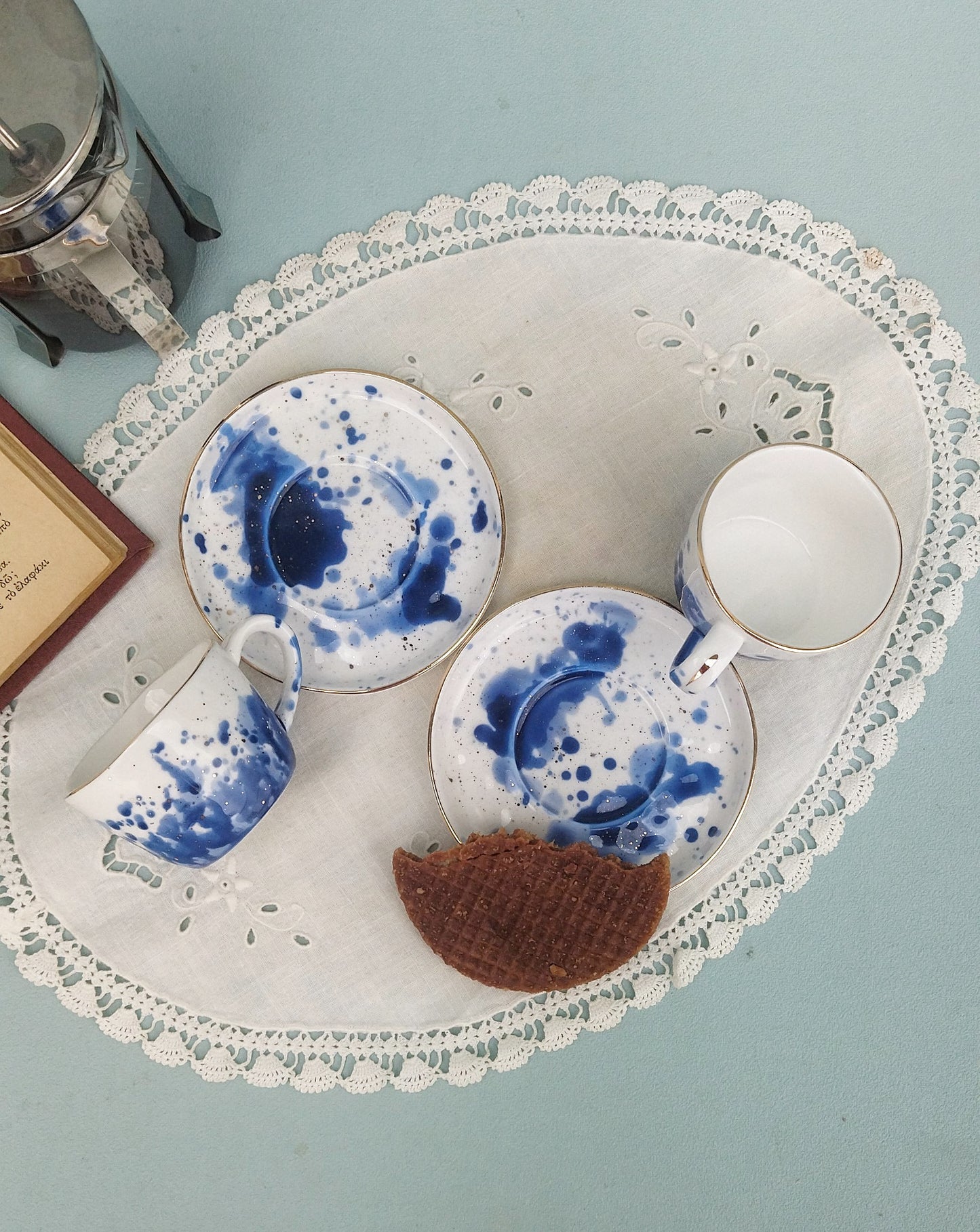 Gold Ceramic Espresso Cups, White Porcelain Mug With Saucer, Set Of 6
