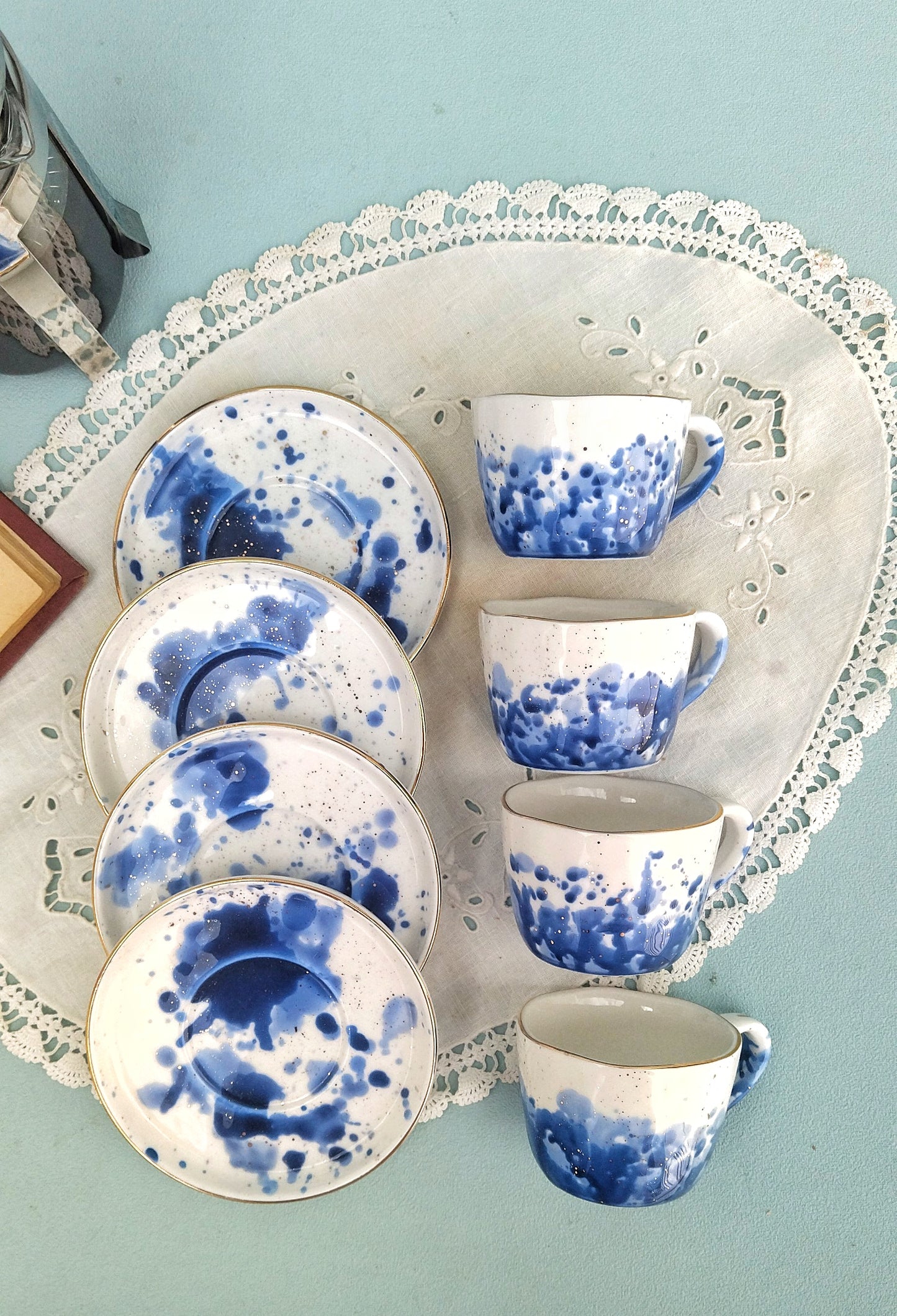 Gold Ceramic Espresso Cups, White Porcelain Mug With Saucer, Set Of 6