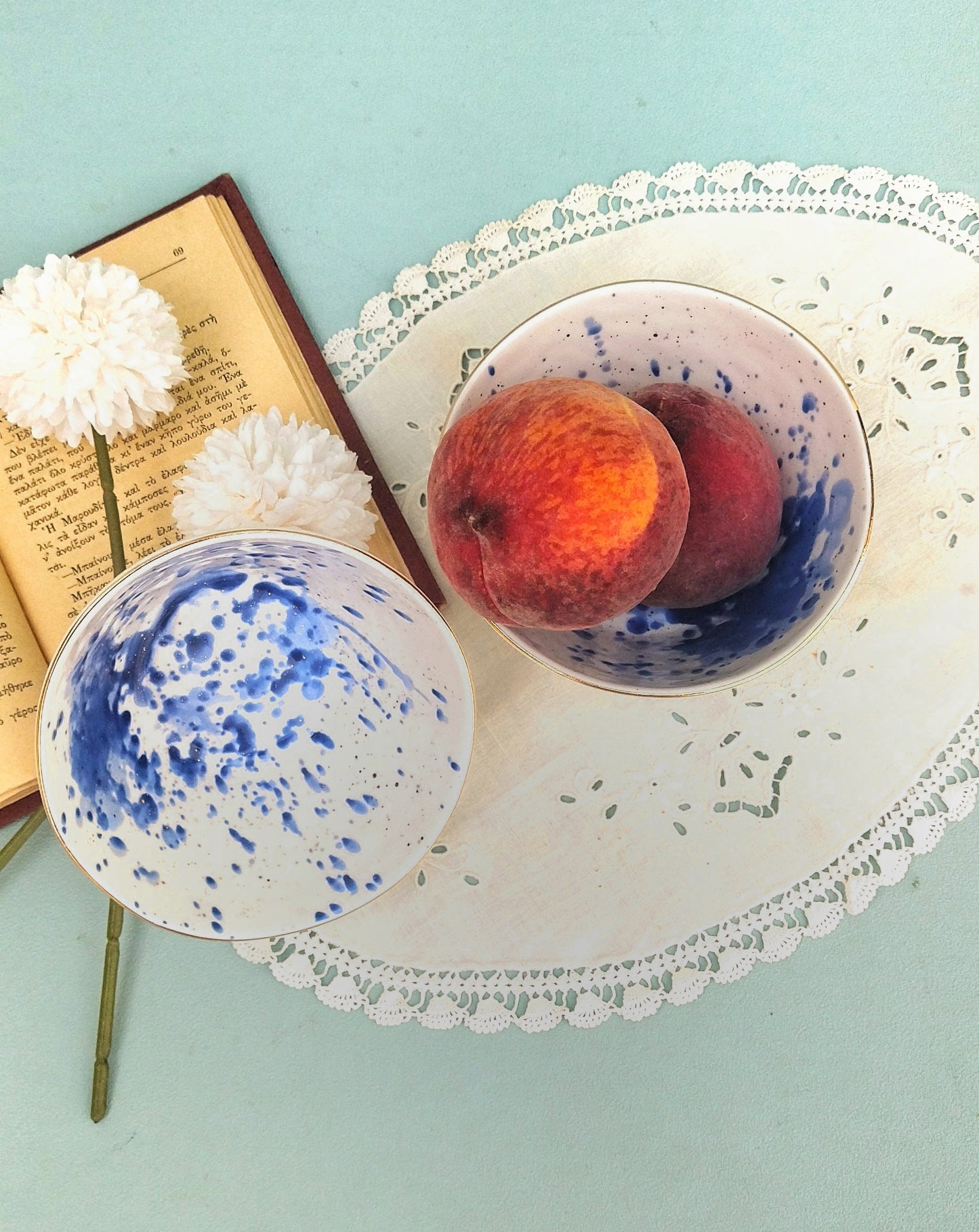 Gold Ceramic Rimmed Bowl, White Porcelain Bowls With Cobalt Splashes, Fine Dining Set Of 2