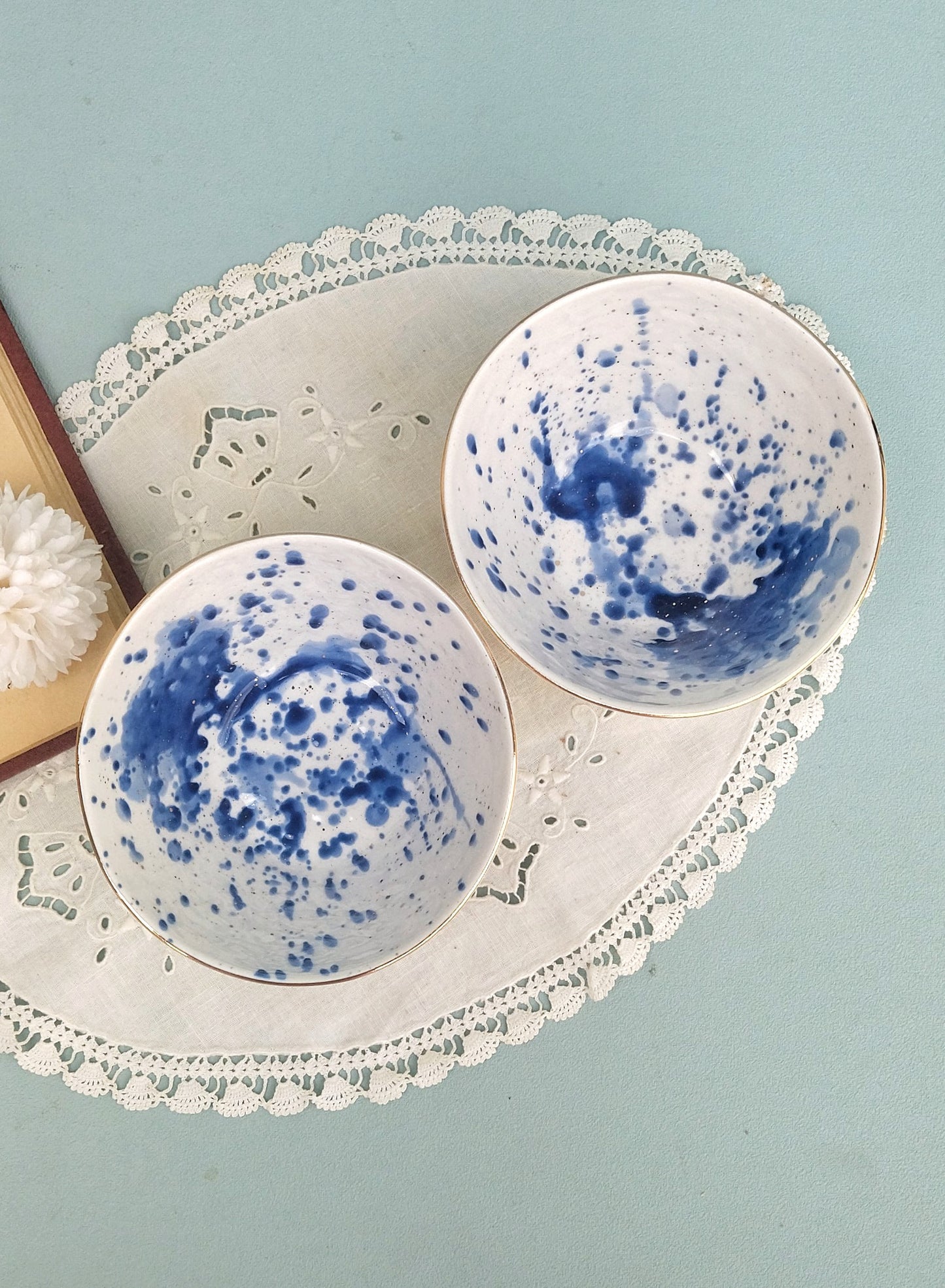 Gold Ceramic Rimmed Bowl, White Porcelain Bowls With Cobalt Splashes, Fine Dining Set Of 2