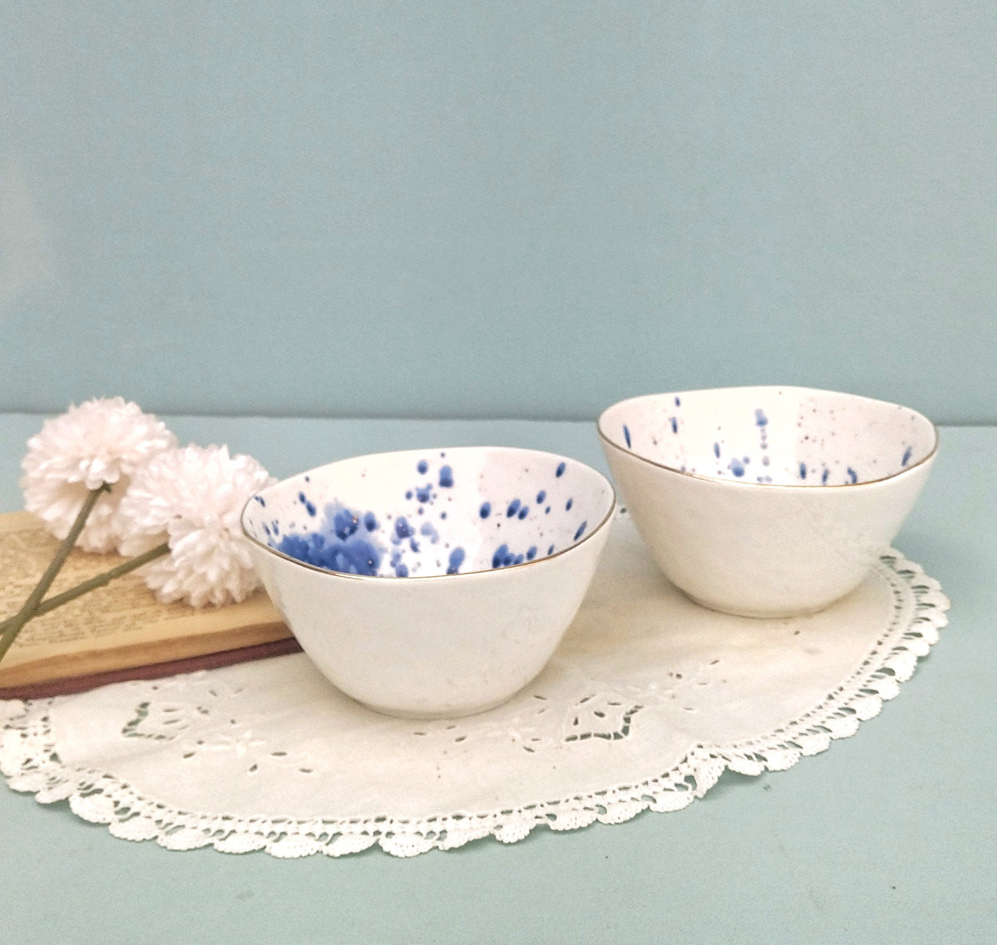 Gold Ceramic Rimmed Bowl, White Porcelain Bowls With Cobalt Splashes, Fine Dining Set Of 2
