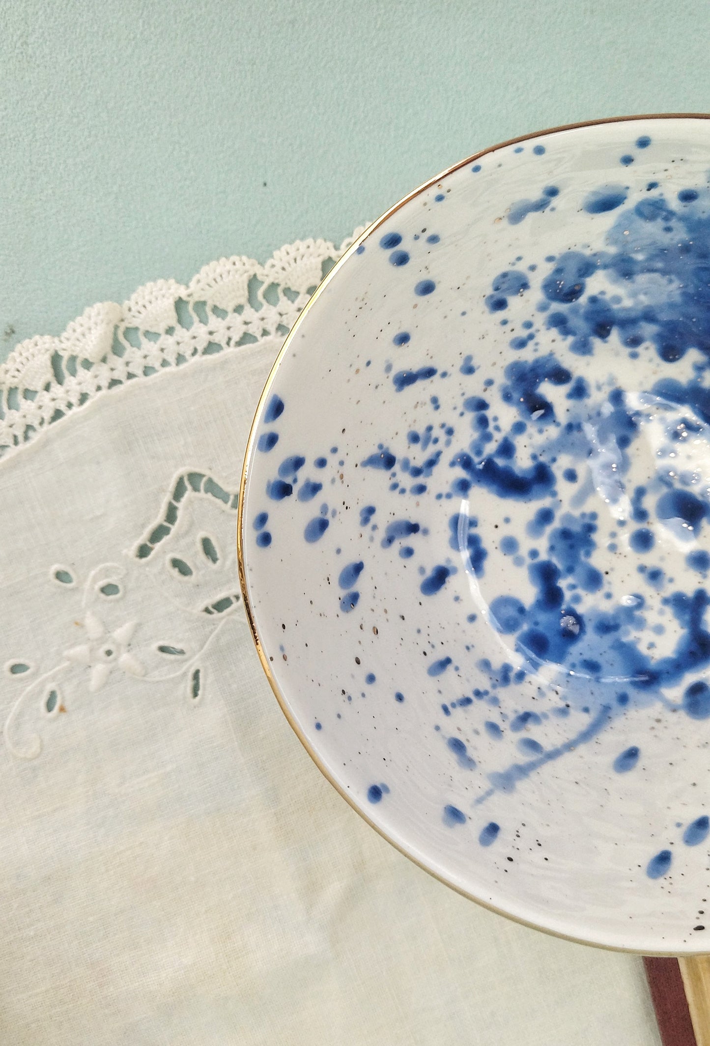 Gold Ceramic Rimmed Bowl, White Porcelain Bowls With Cobalt Splashes, Fine Dining Set Of 2