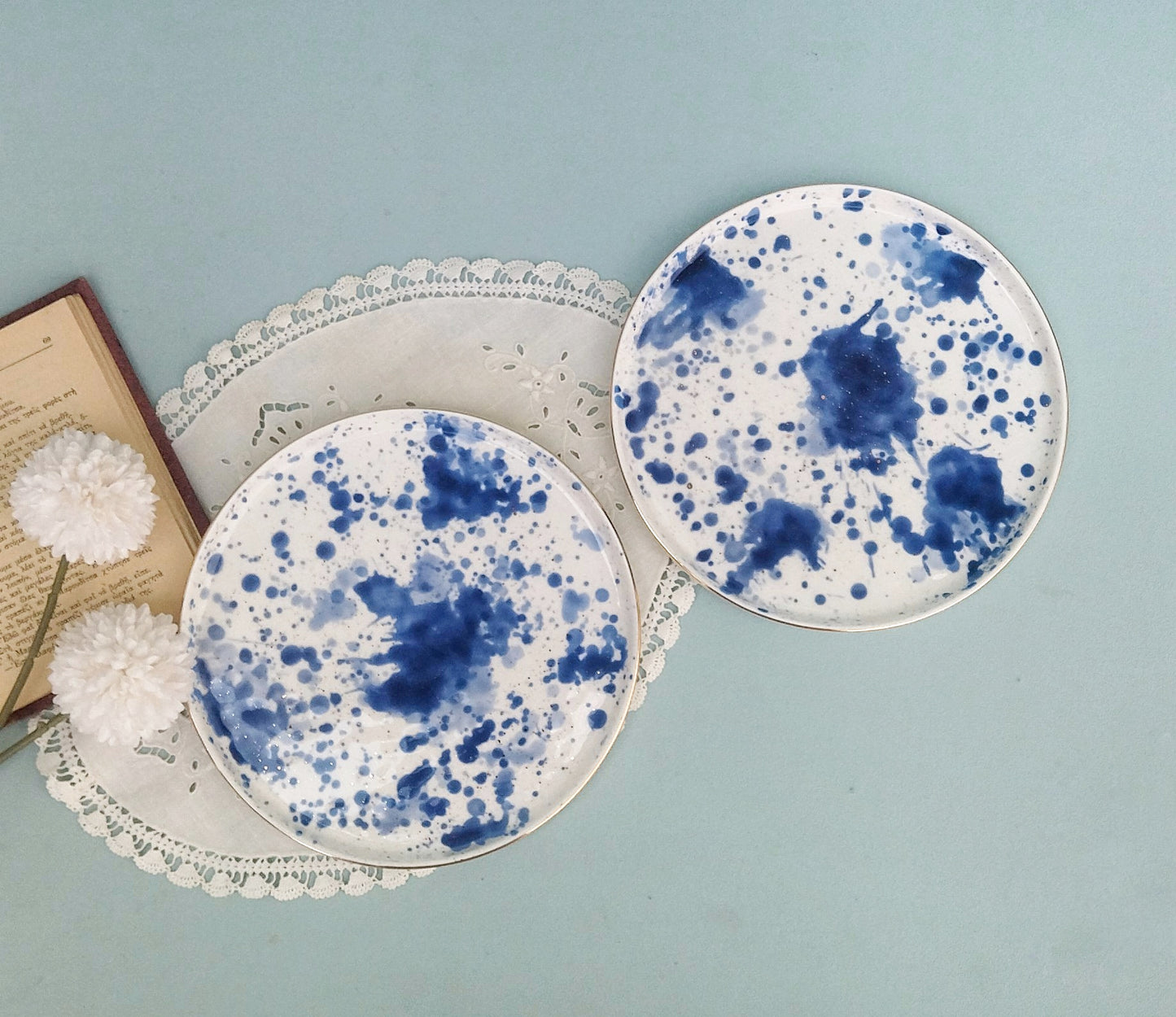 Gold Ceramic Rimmed Plates, White Porcelain Plate With Cobalt Splashes, Fine Dining Set Of 2