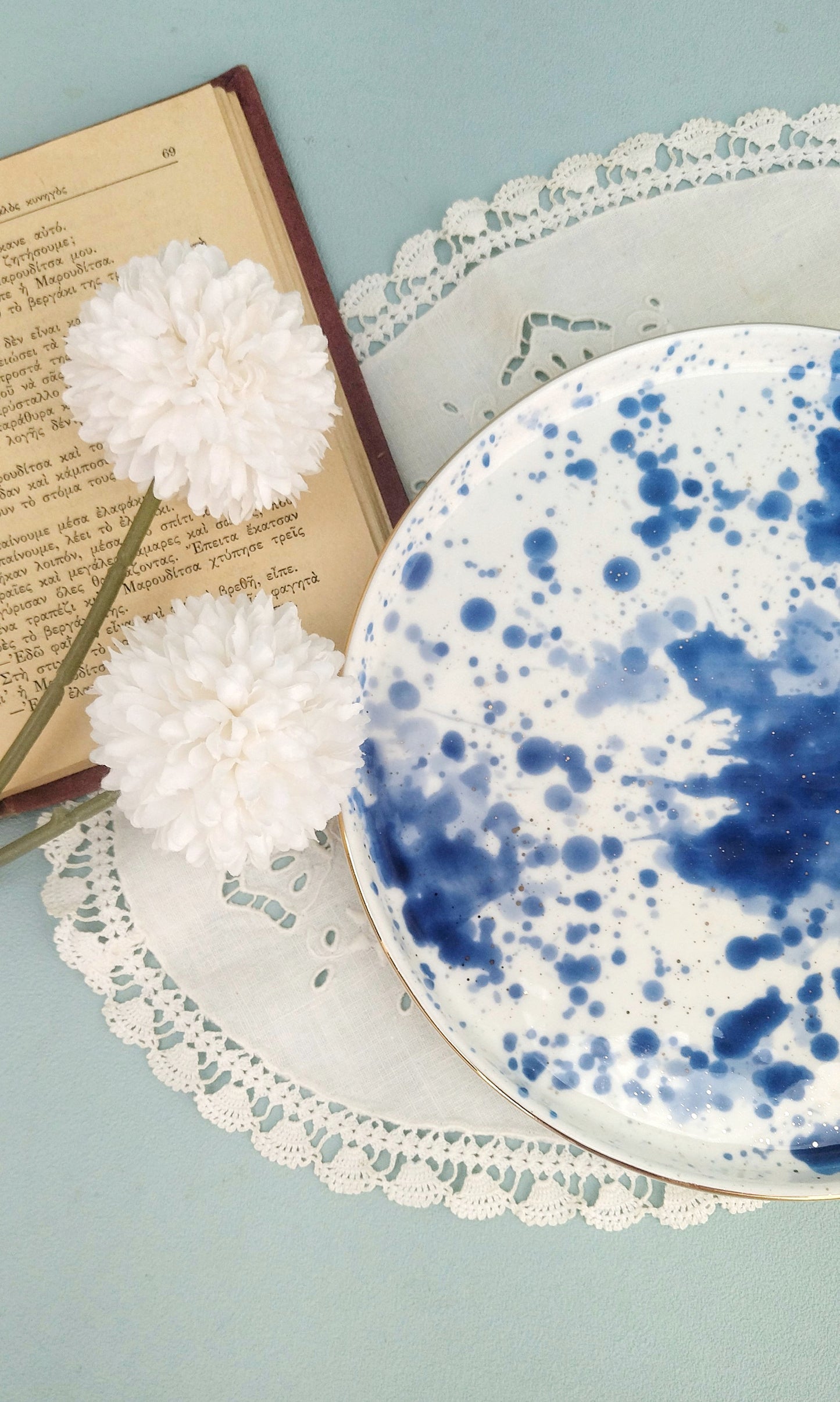 Gold Ceramic Rimmed Plates, White Porcelain Plate With Cobalt Splashes, Fine Dining Set Of 2