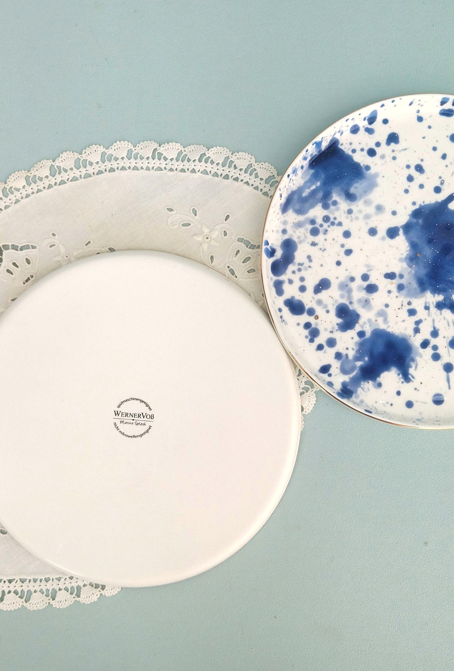 Gold Ceramic Rimmed Plates, White Porcelain Plate With Cobalt Splashes, Fine Dining Set Of 2