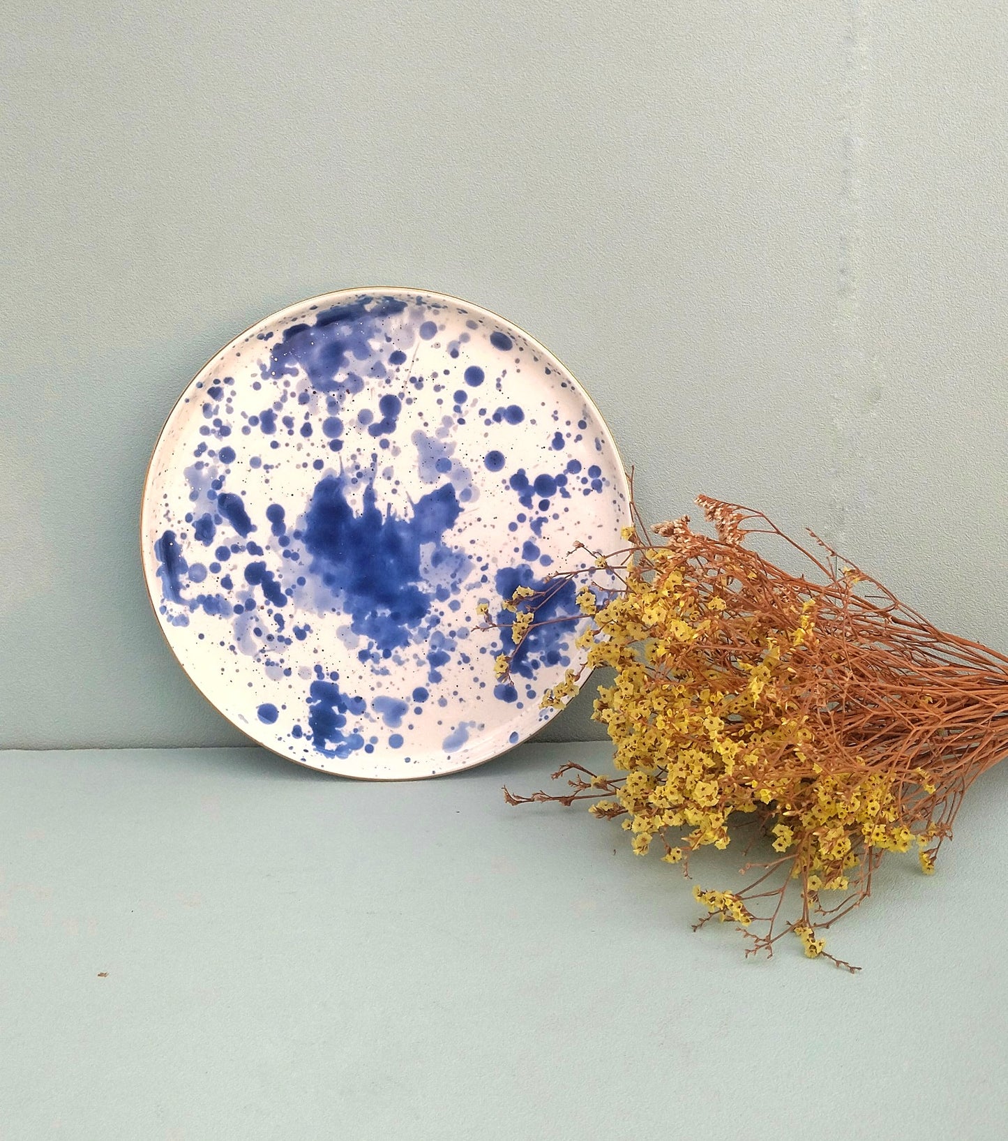 Gold Ceramic Rimmed Plates, White Porcelain Plate With Cobalt Splashes, Fine Dining Set Of 2