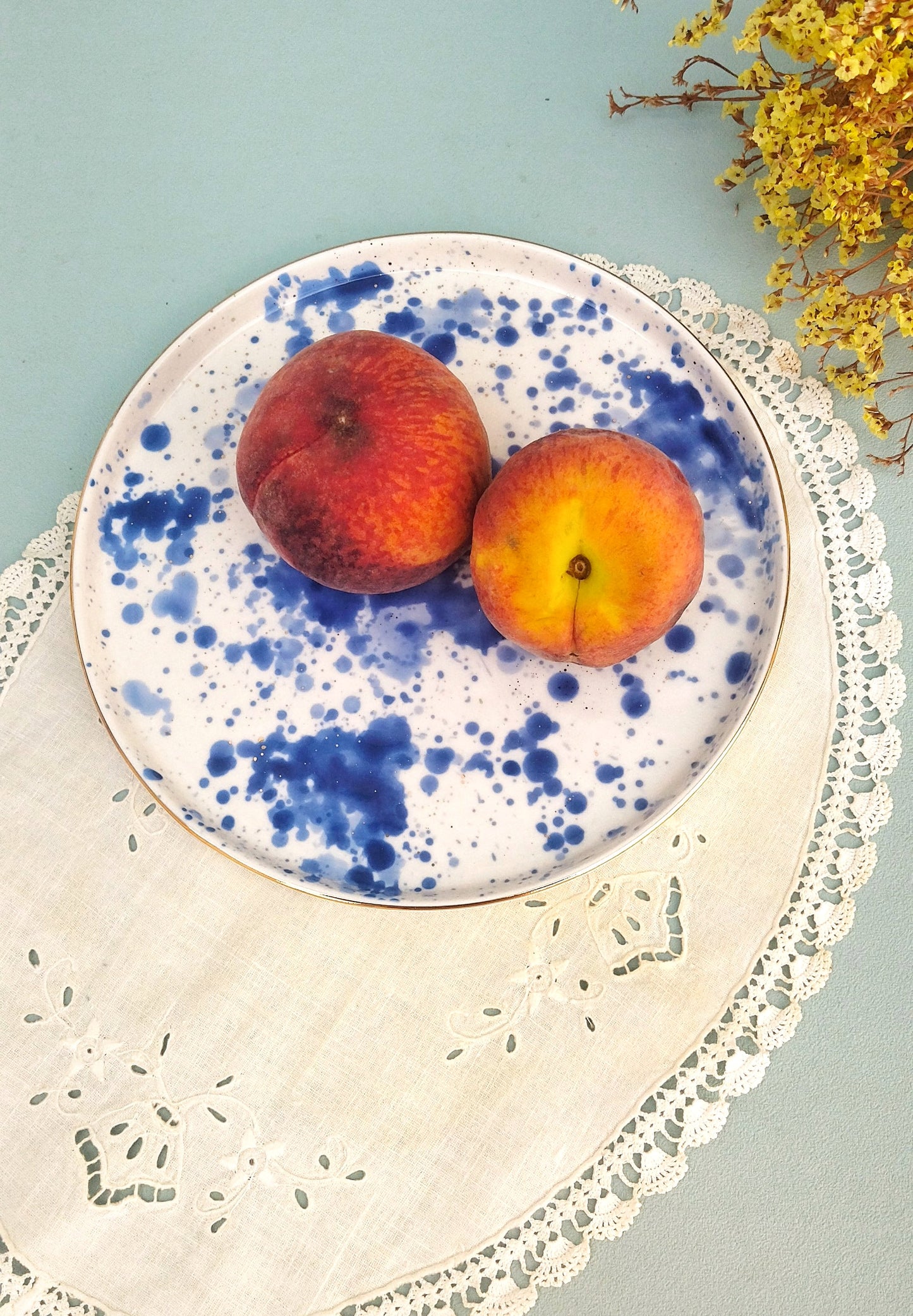 Gold Ceramic Rimmed Plates, White Porcelain Plate With Cobalt Splashes, Fine Dining Set Of 2