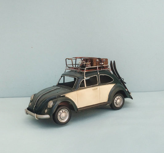 Large Retro Metal Car, Vintage Aesthetic Citroen 2 CV With Skiing Accessories