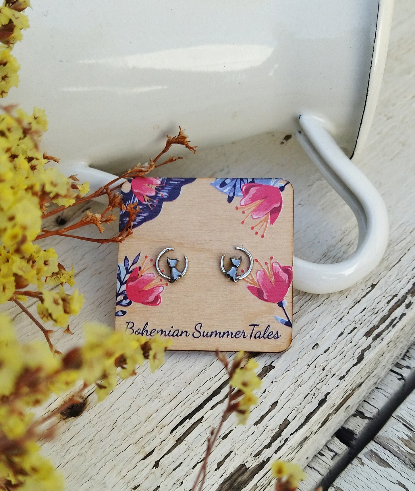 Dog On The Moon Silver Stud Earrings