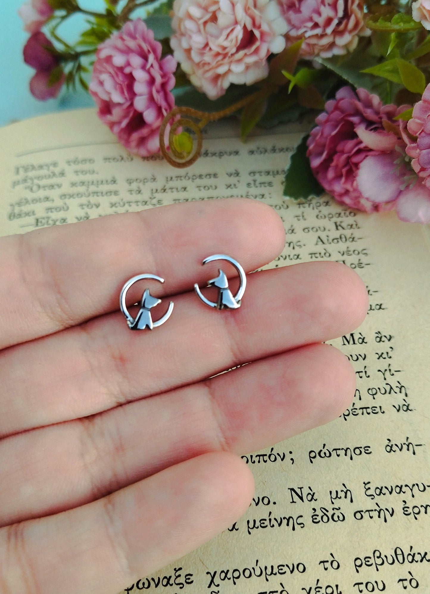 Dog On The Moon Silver Stud Earrings