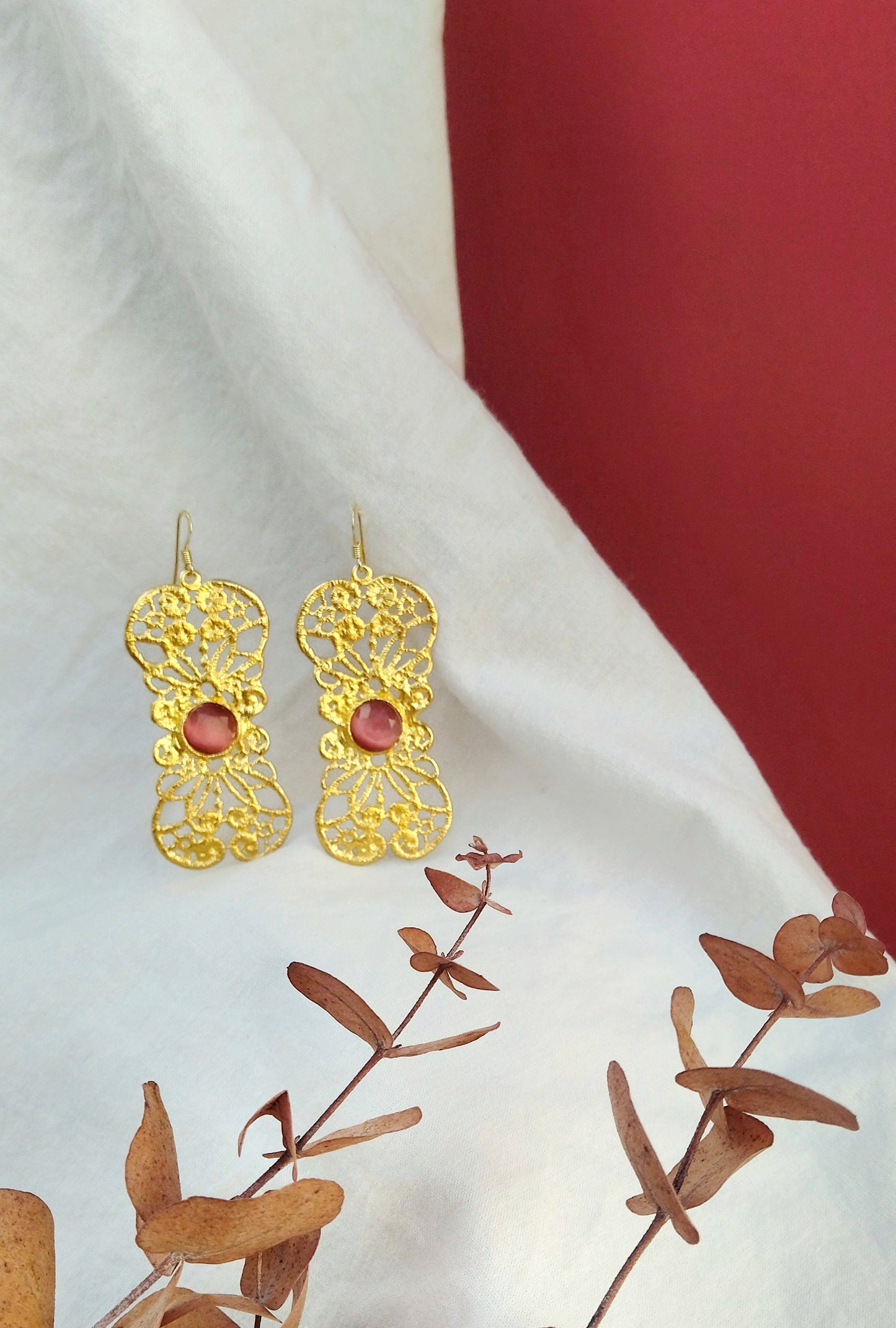 24k Gold Metal Lace Earrings, Rose Quartz Dangle Earrings