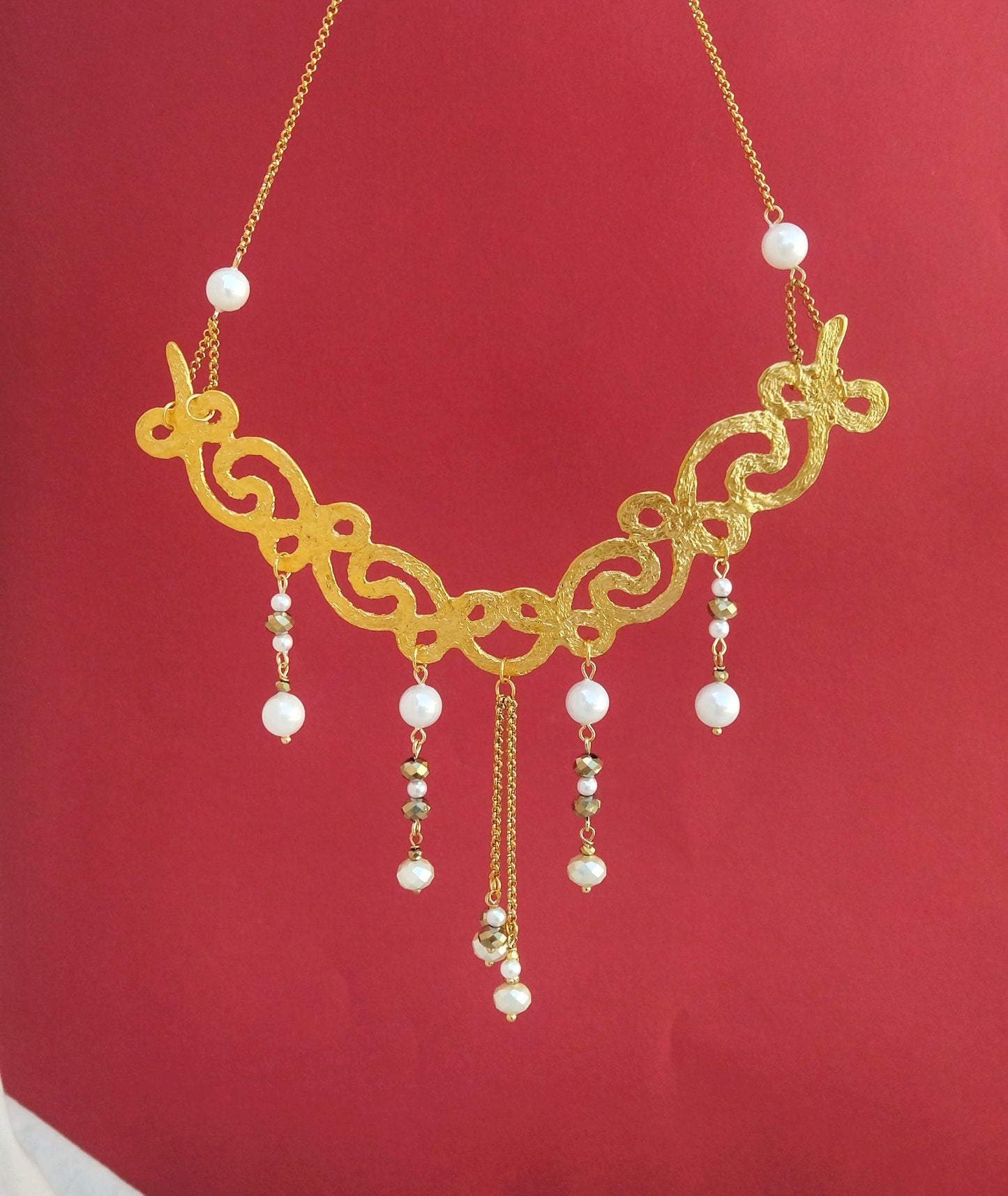 24k Gold Necklace, Wide Choker For Greek Goddess, Ethinc Bib Necklace