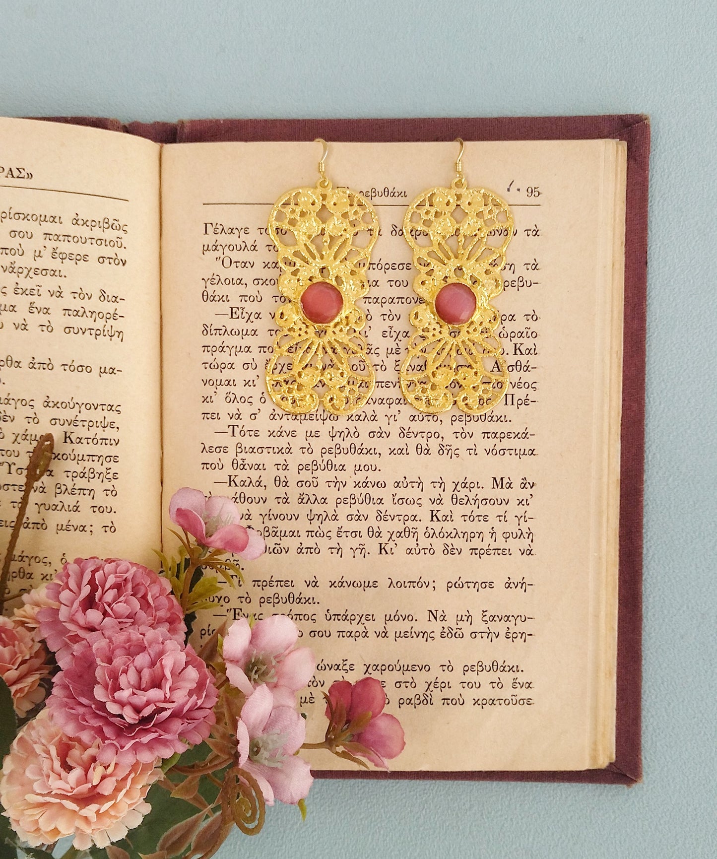 24k Gold Metal Lace Earrings, Rose Quartz Dangle Earrings