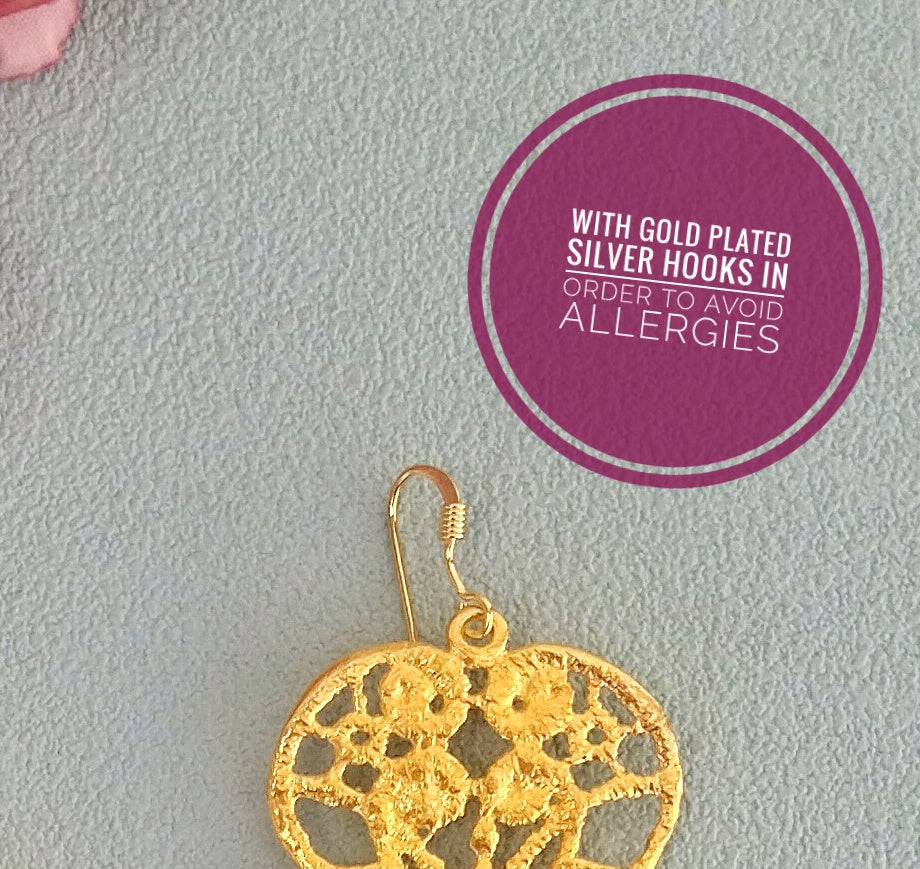 24k Gold Metal Lace Earrings, Rose Quartz Dangle Earrings
