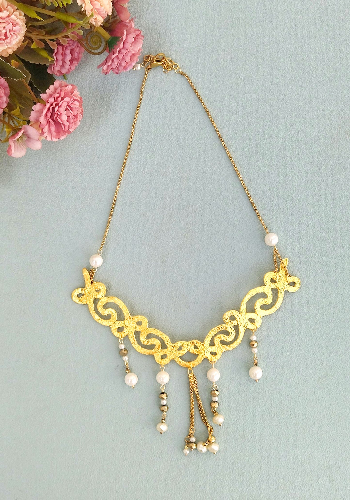 24k Gold Necklace, Wide Choker For Greek Goddess, Ethinc Bib Necklace