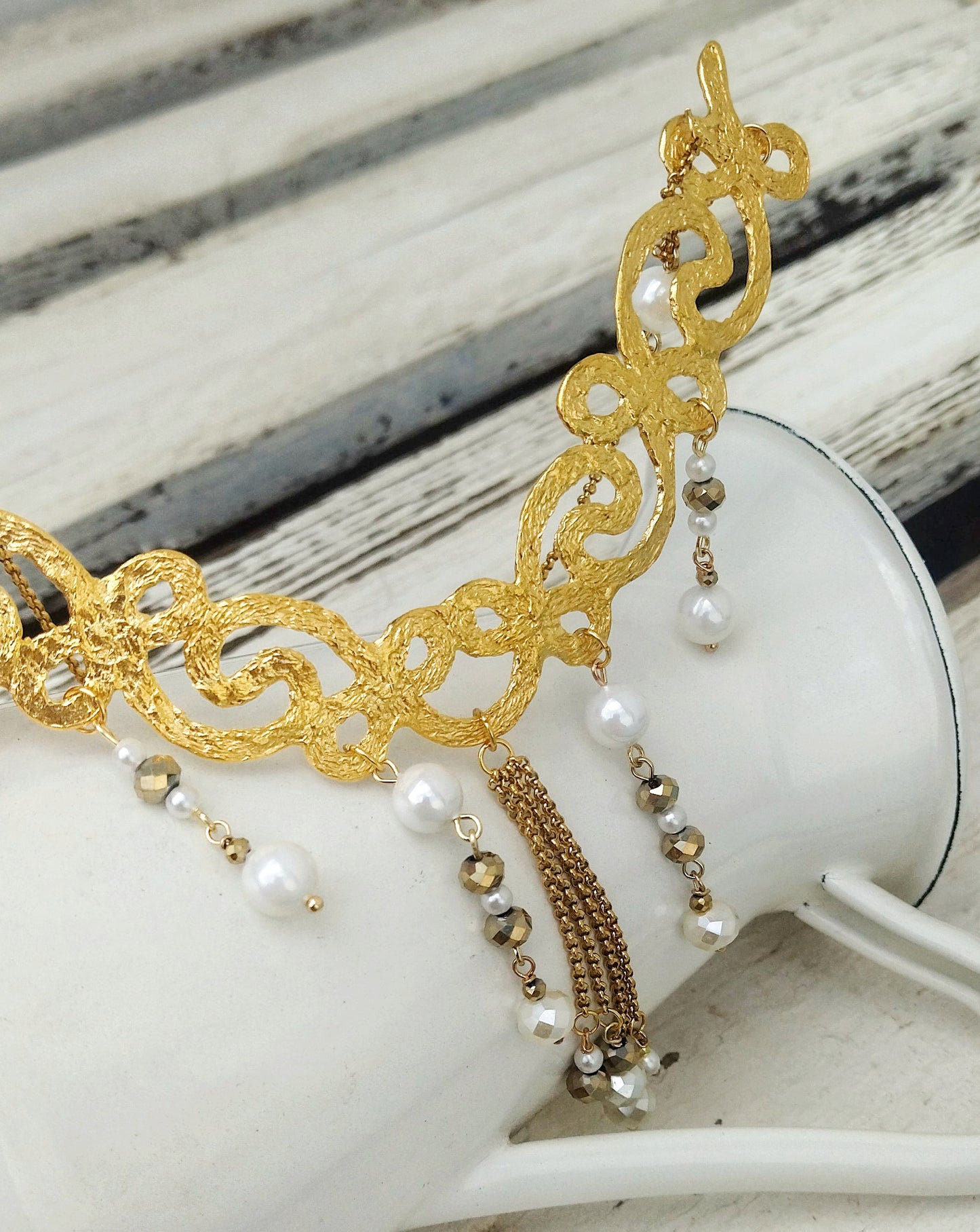 24k Gold Necklace, Wide Choker For Greek Goddess, Ethinc Bib Necklace