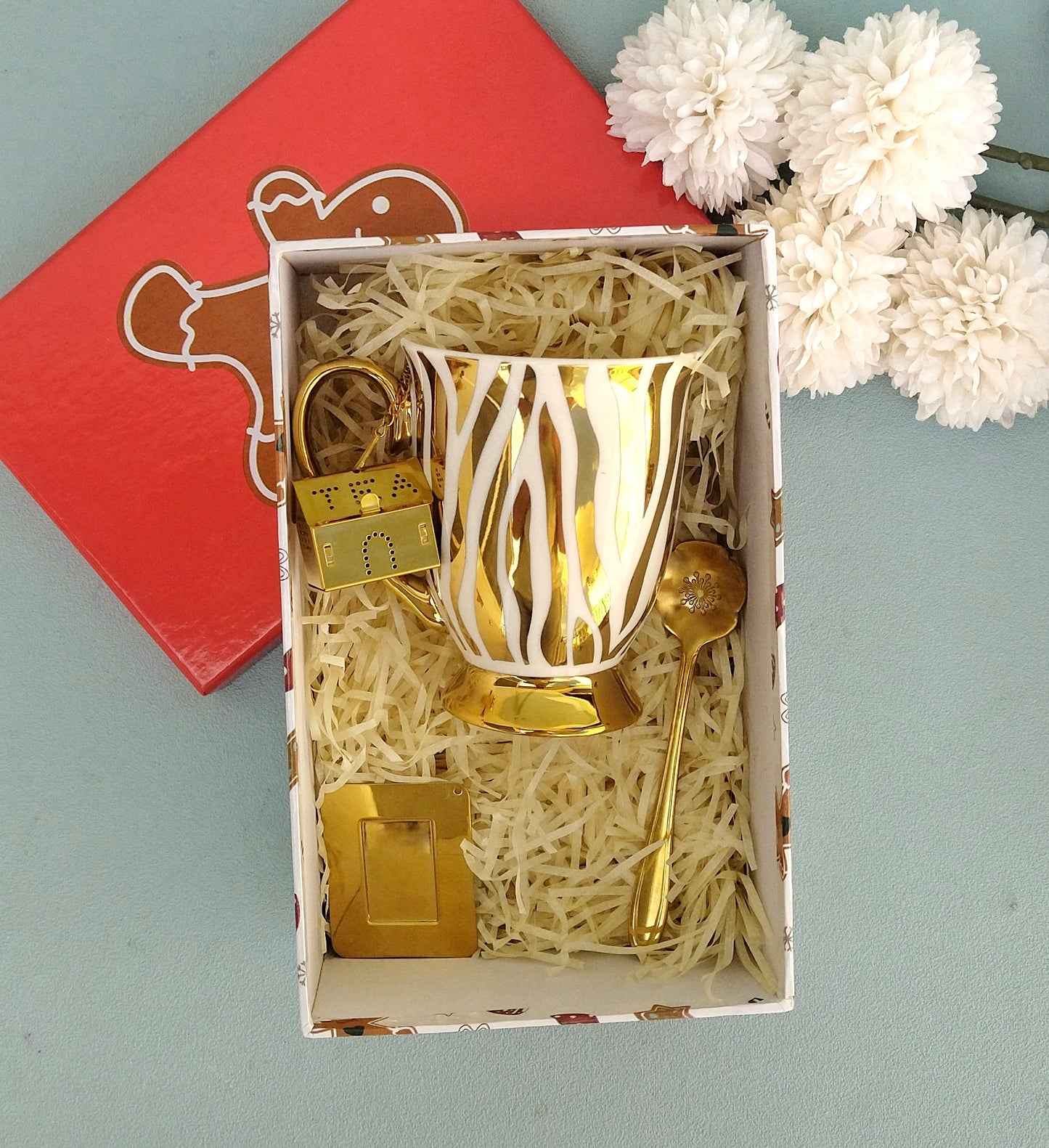 Tea Gift Box, White And Gold Ceramic Cup With Gold Spoon And Tea Infuser