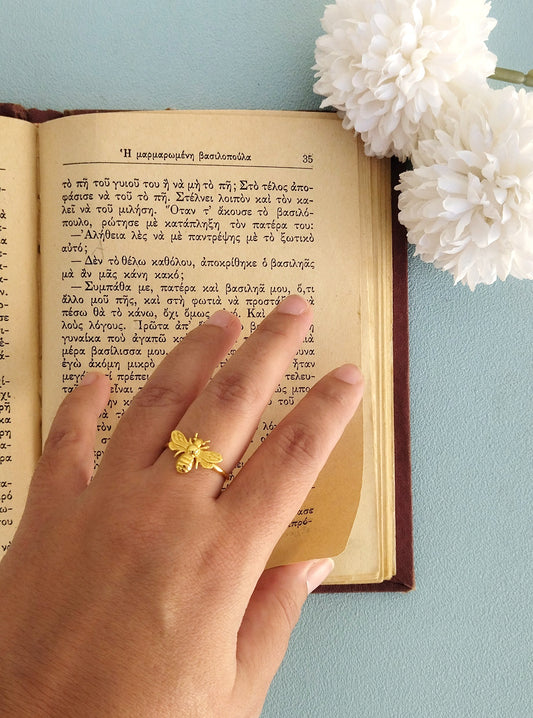 Adjustable Bee Ring, Gold Plated Or Sterling Silver Open Ring