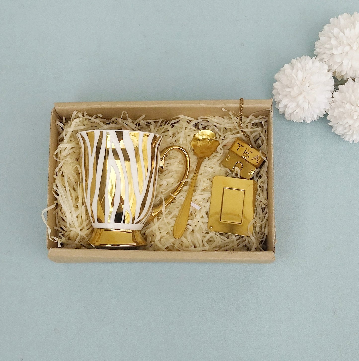 Tea Gift Box, White And Gold Ceramic Cup With Gold Spoon And Tea Infuser