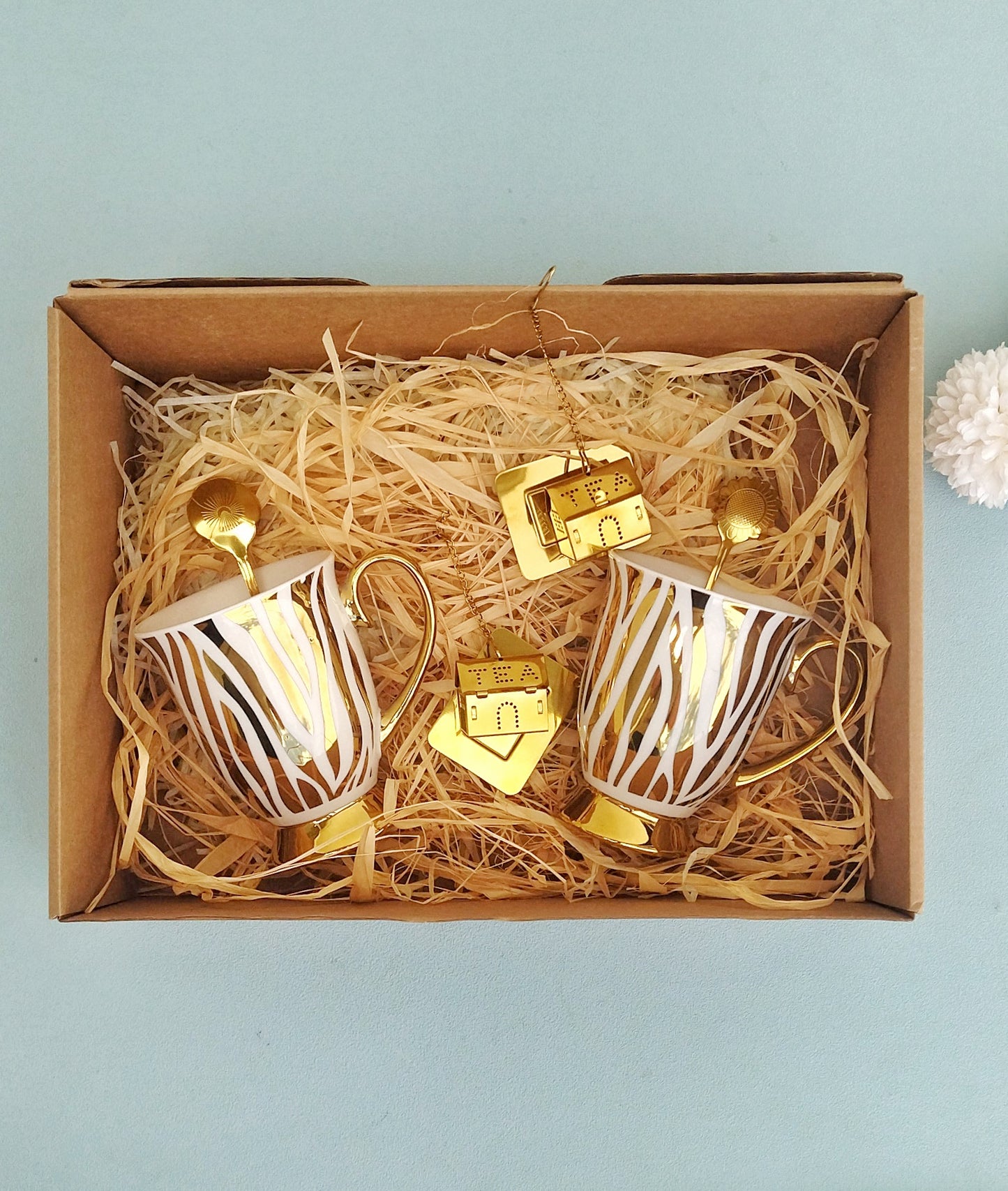 Tea Gift Box, White And Gold Ceramic Cup With Gold Spoon And Tea Infuser