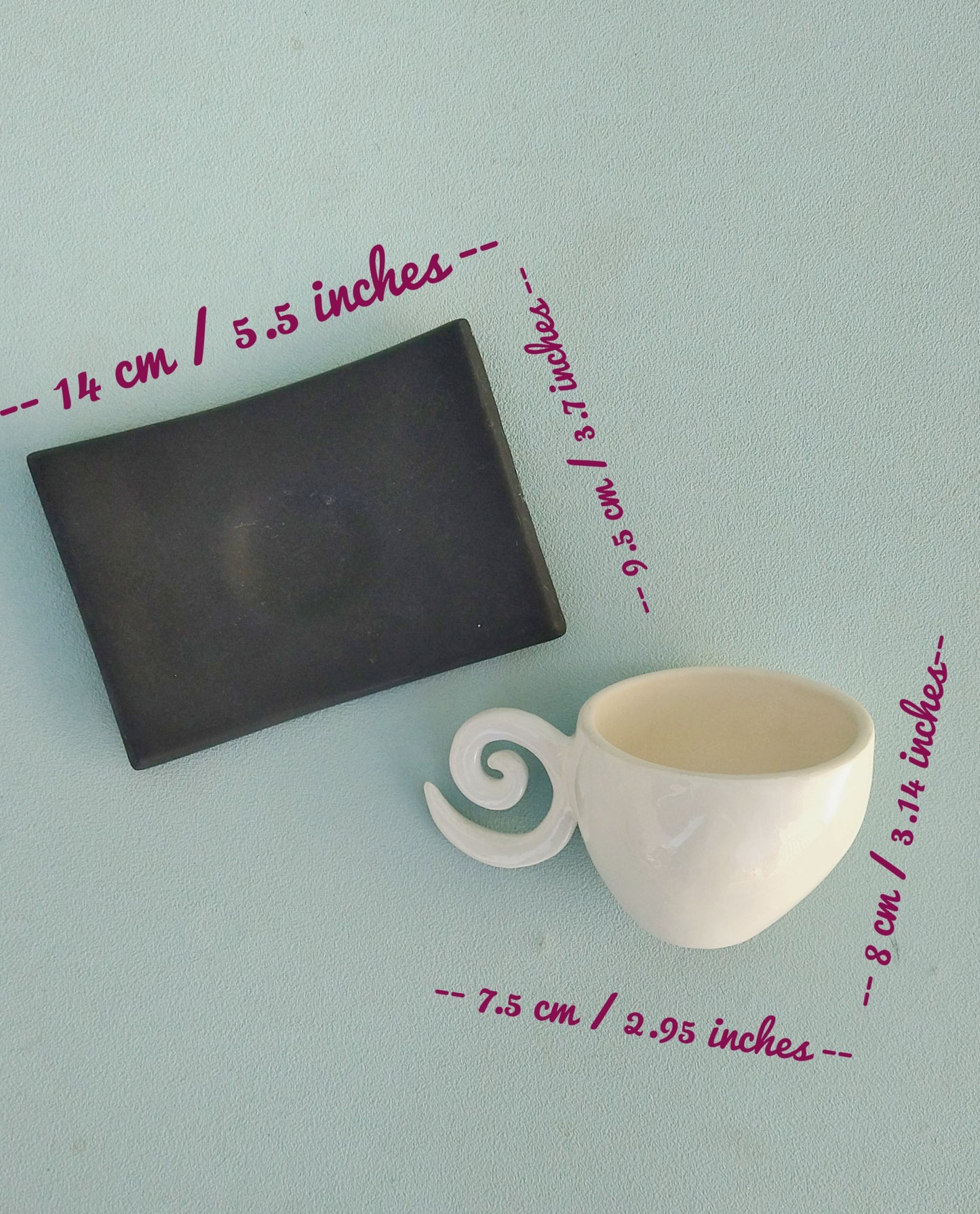 Handmade Coffee Mug, White Ceramic Mug With Black Saucer