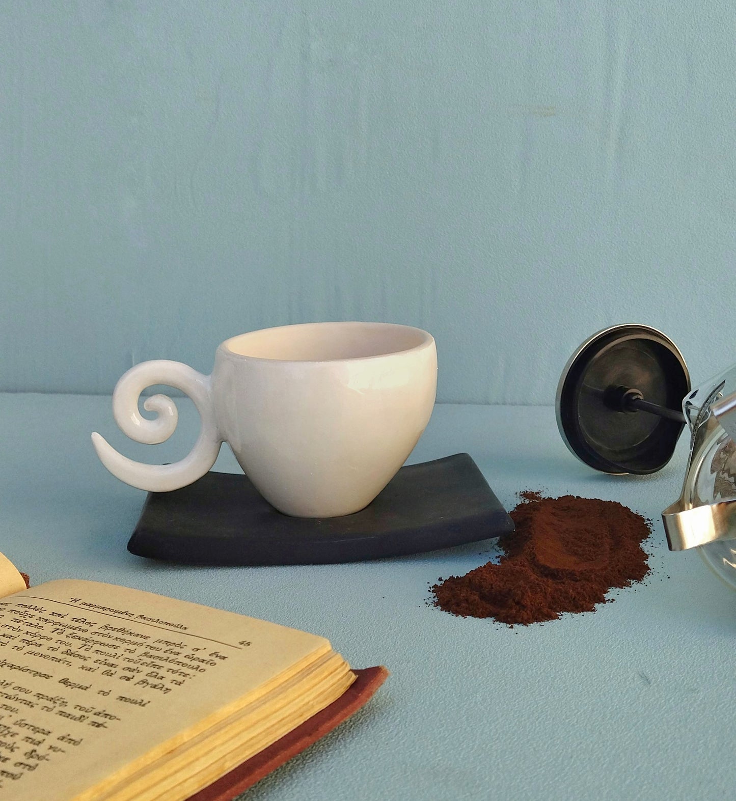 Handmade Coffee Mug, White Ceramic Mug With Black Saucer