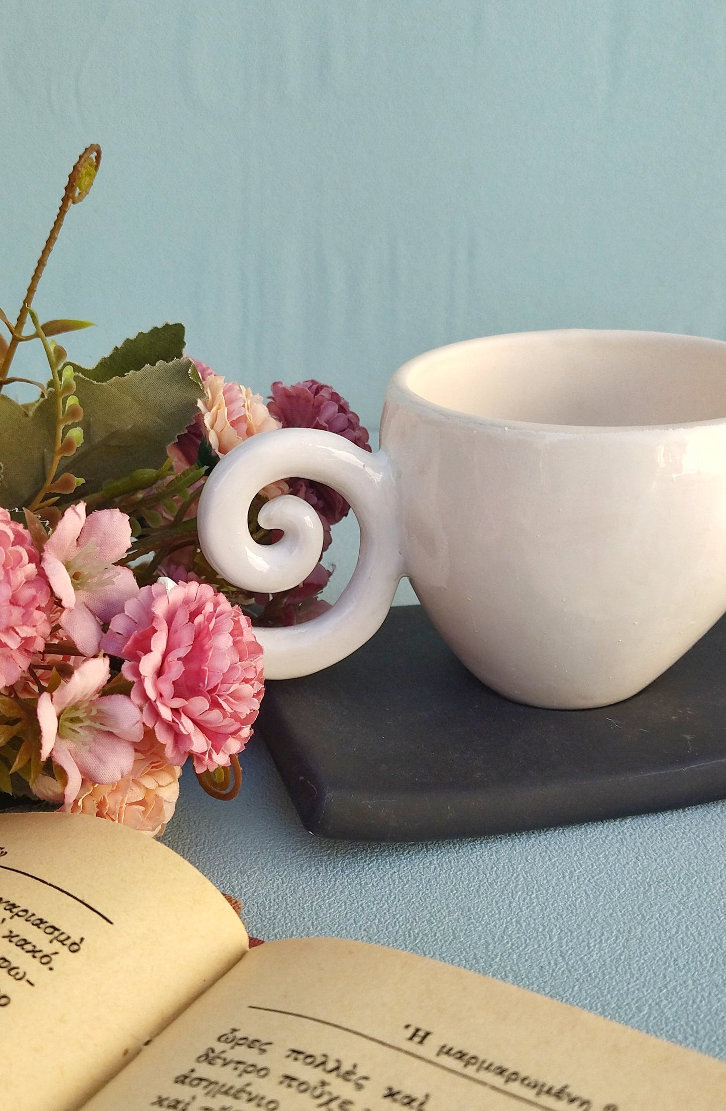 Handmade Coffee Mug, White Ceramic Mug With Black Saucer