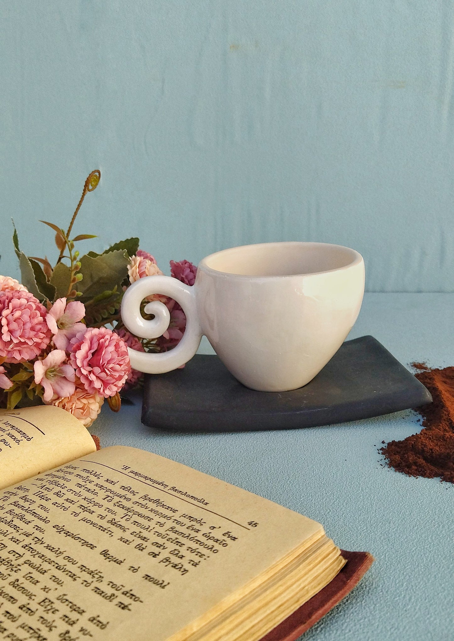 Handmade Coffee Mug, White Ceramic Mug With Black Saucer