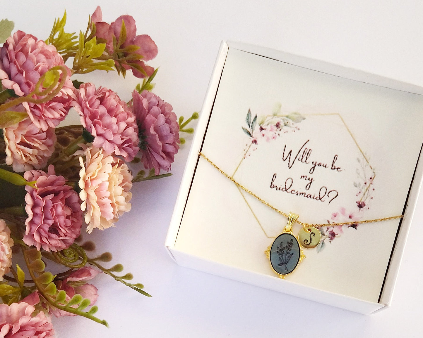 Will You Be My Bridesmaid Dainty Gold Flower Necklace, Personalized Floral Pendant For Boho Chic Wedding