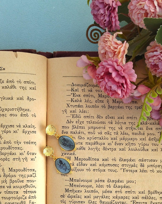 Gold And Dusty Blue Flower Dangle Earrings, Intaglio Style Jewelry