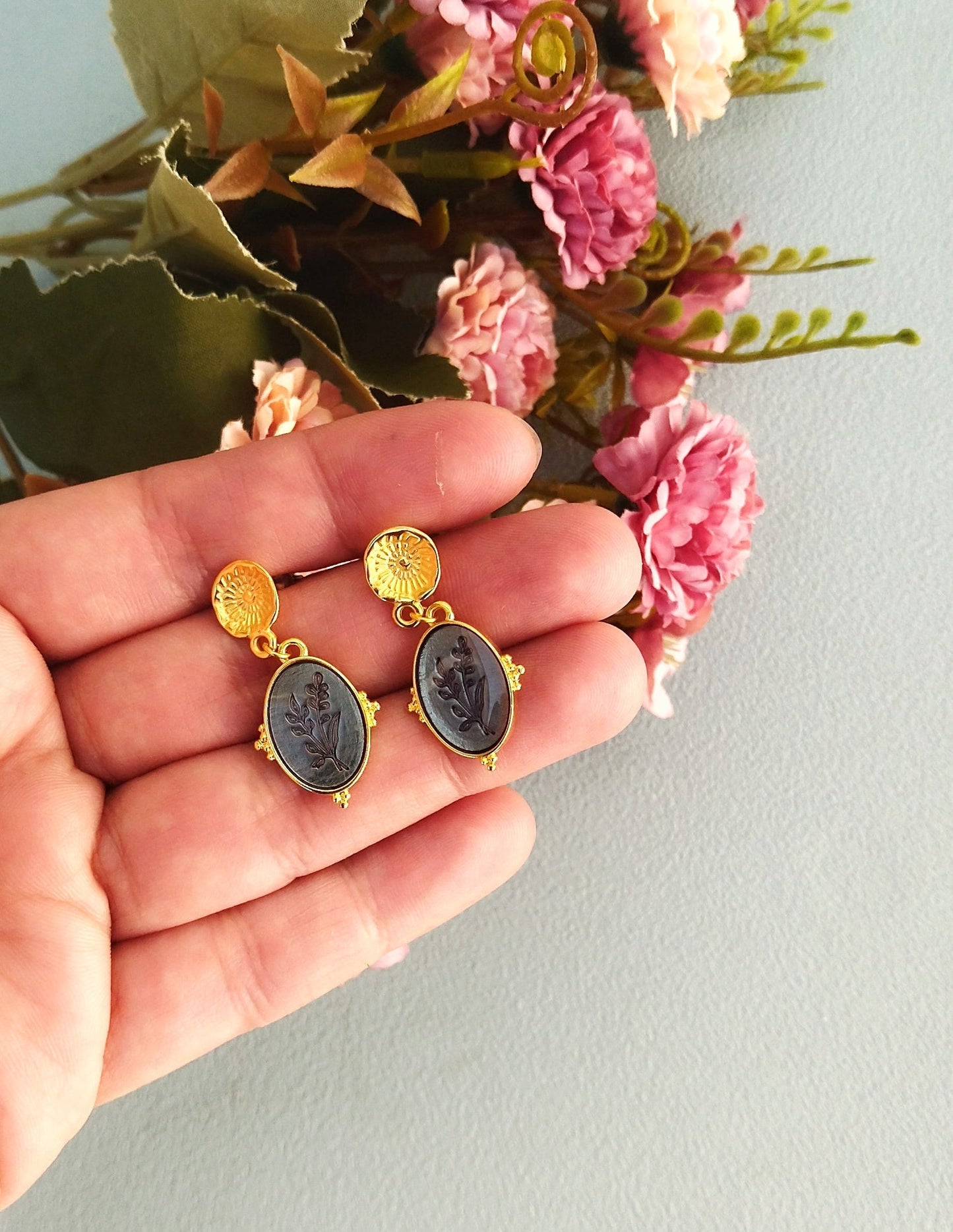 Gold And Dusty Blue Flower Dangle Earrings, Intaglio Style Jewelry