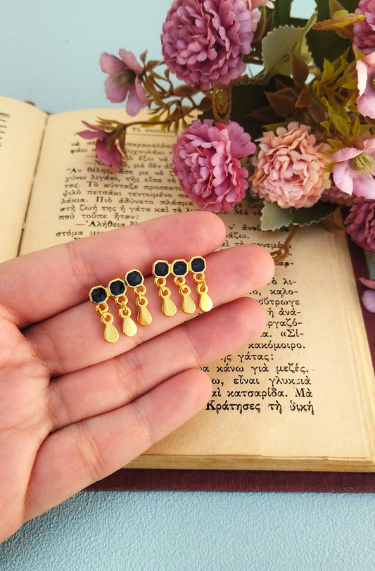 Bar Stud Earrings With Black Enamel