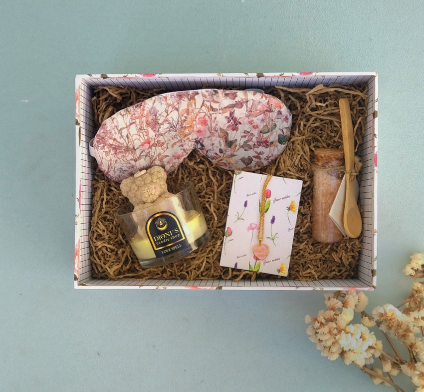 Mother's Day Spa Gift Box, Self Care Kit Gift From Daughter, Soy Candle / Eye Sleep Mask / Bath Salts And Mom Charm Necklace