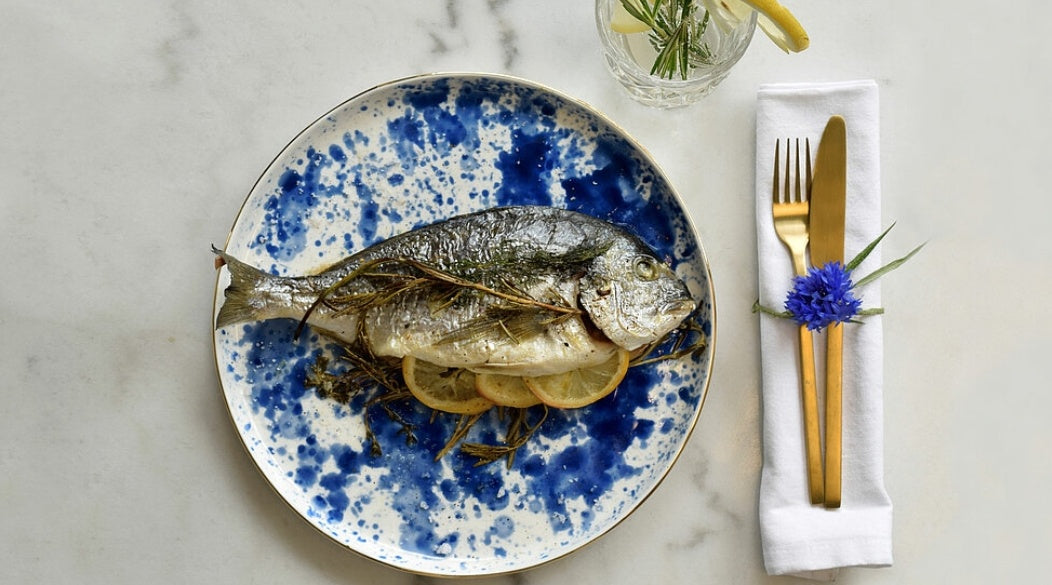 Gold Ceramic Rimmed Plates, White Porcelain Plate With Cobalt Splashes, Fine Dining Set Of 2