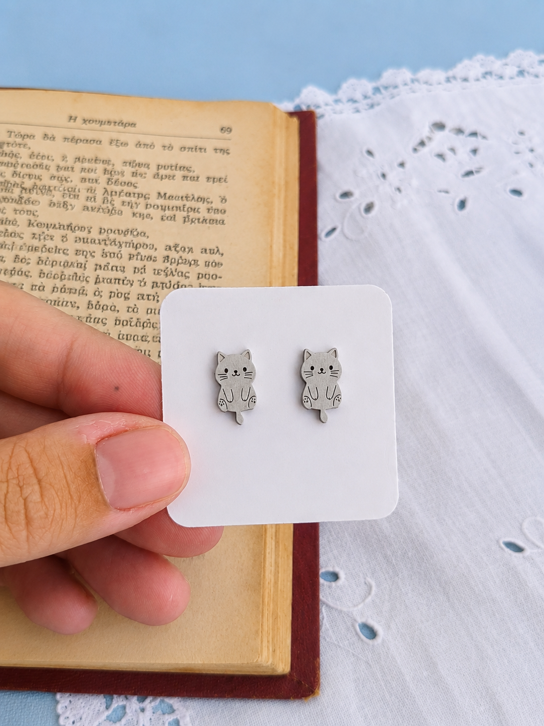 Stainless Steel Cat With Tail Stud Earrings