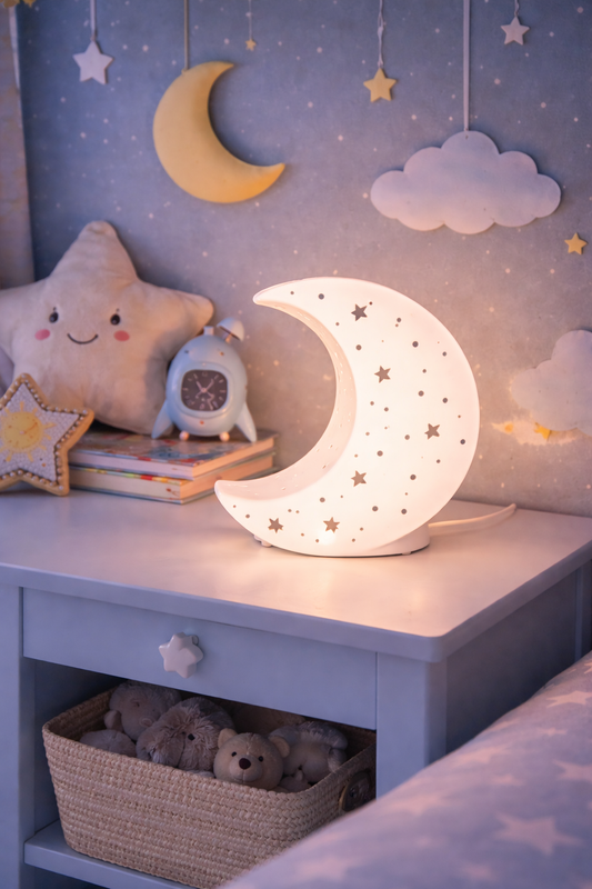 Moon Porcelain Table Lamp, Starry Night Nursery Night Light, Cute Kids Room Nightstand Lamp Decor